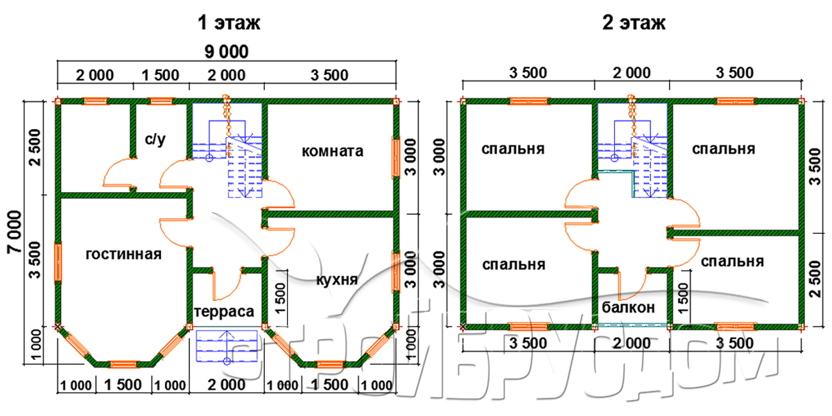 план двухэтажного каркасного дома 7х9 с эркером